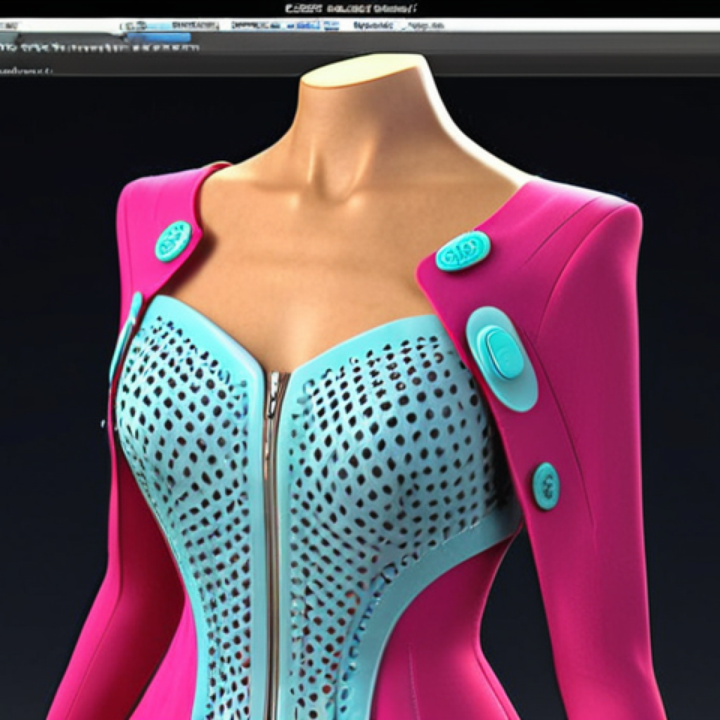 **

Prompt: A futuristic 3D fashion design workstation. A young, hip designer is working on a 3D model of a vibrant, flowing dress using software like Blender or Clo3D. Realistic fabric simulation. Detailed view of buttons, zippers and accessories. Dynamic lighting, emphasizing the digital nature of the creation.

**