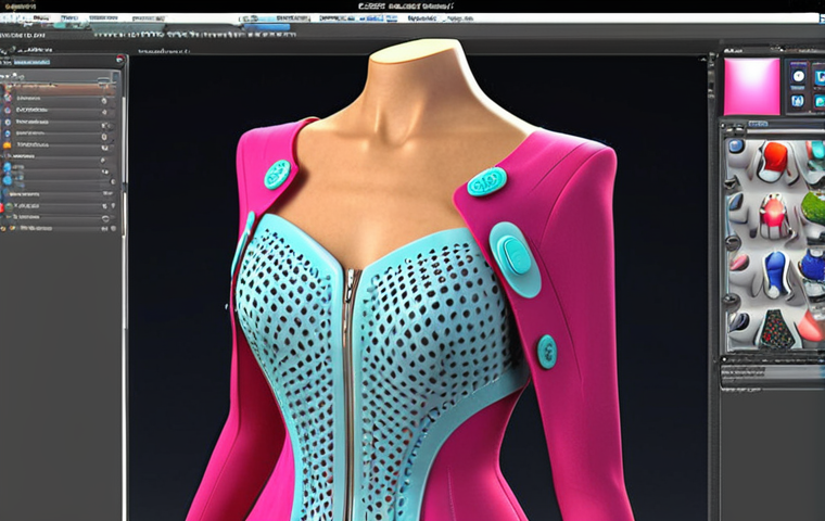**
Prompt: A futuristic 3D fashion design workstation. A young, hip designer is working on a 3D model of a vibrant, flowing dress using software like Blender or Clo3D. Realistic fabric simulation. Detailed view of buttons, zippers and accessories. Dynamic lighting, emphasizing the digital nature of the creation.
**